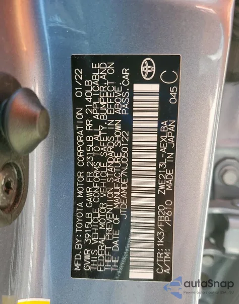 2022 Toyota Corolla Le from USA, damaged, VIN JTDEAMDE7NJ050122